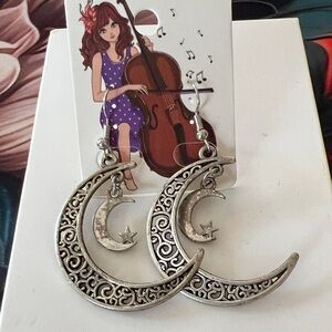 57 Silver Crescent Moon and Star Dangle Earrings - Women Jewelry
